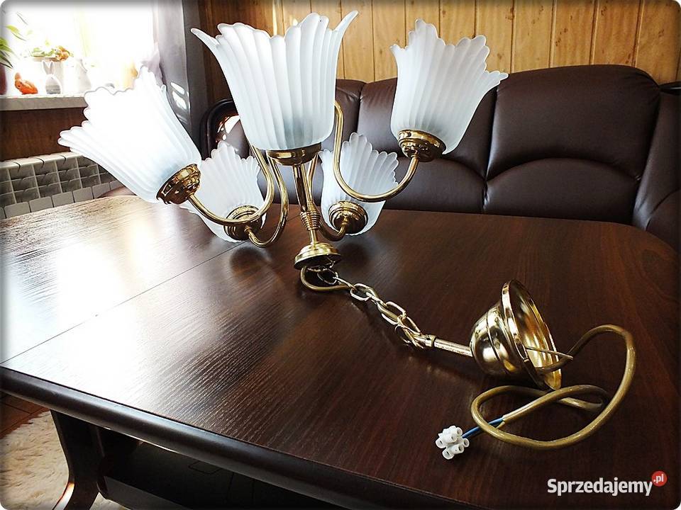 Złoty Żyrandol 5 ramienny Piękna Lampa wisząca z Żary