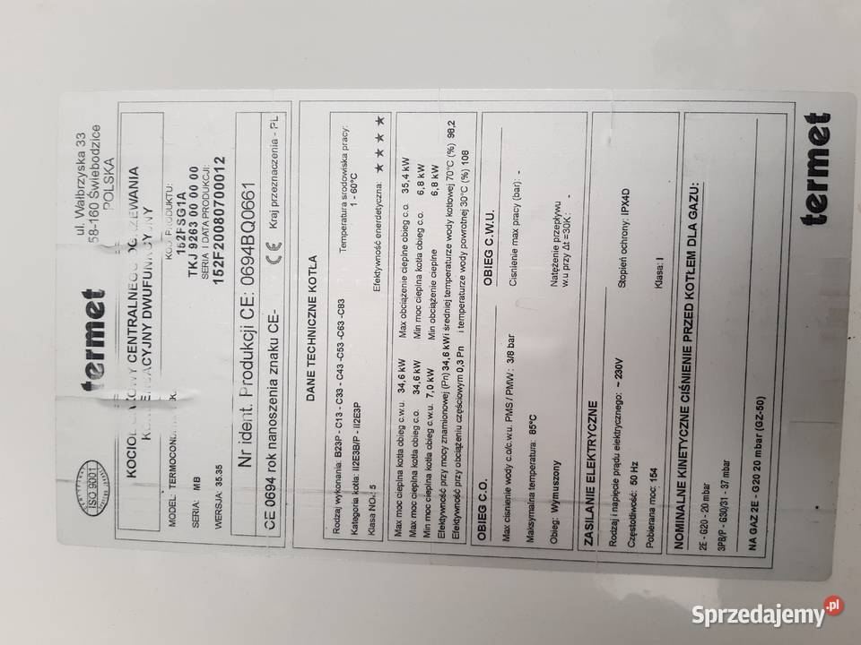 Kociol gazowy Termet TermoCondens Teka 35 kW gaz mazowieckie Piaseczno