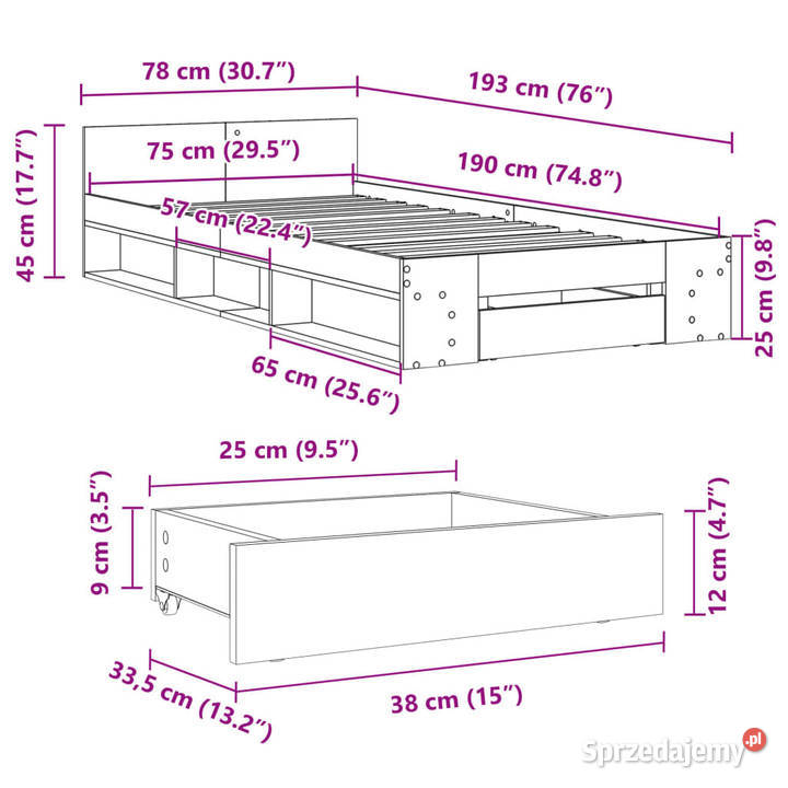 Rama łóżka z szufladą czarna 75x190 WM3280805 Warszawa