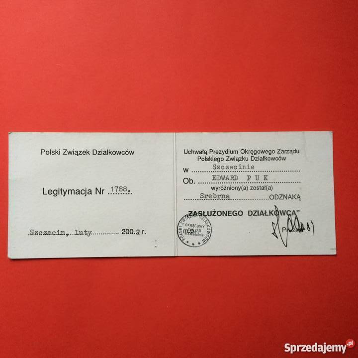 942 Legitymacja Odznaki Zasłużonego Działkowca Antykwariat zachodniopomorskie Szczecin sprzedam