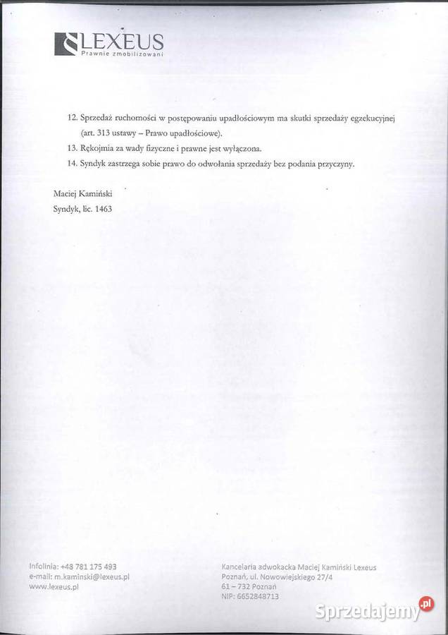 Ogłoszenie o sprzedaży ruchomości wielkopolskie Kruszewo