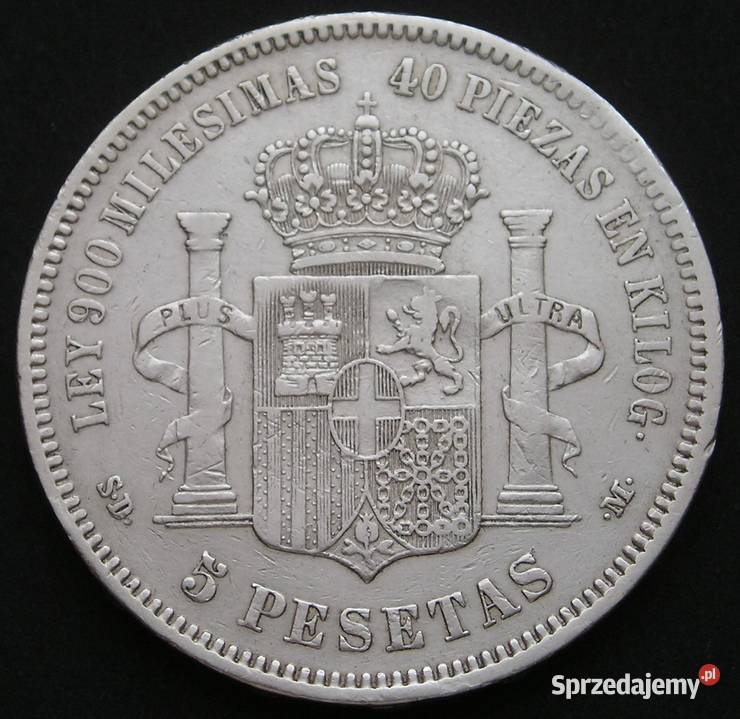 Hiszpania 5 peset 1871 Amadeo I srebro Łódź