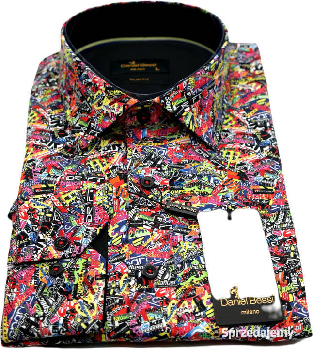 DANIEL BESSI Koszula Męska Fb064 Kolorowa Napisy Ostrów Wielkopolski