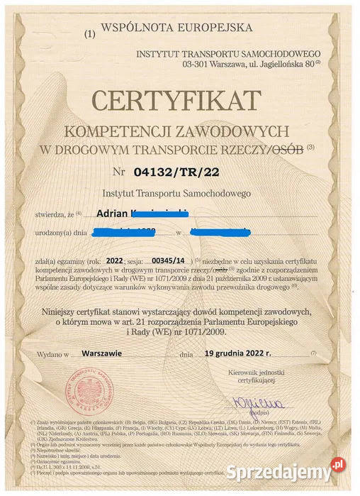 Certyfikatu kompetencji przewoźnika