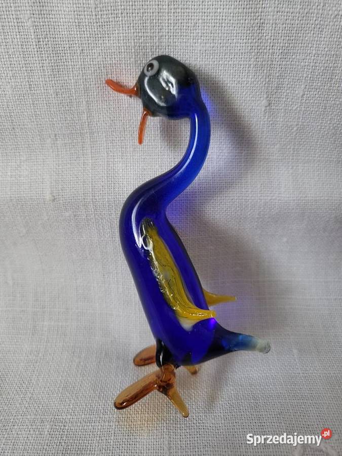 Figurka piękna szklo kobalt KACZUSZKA ręczna Łódź