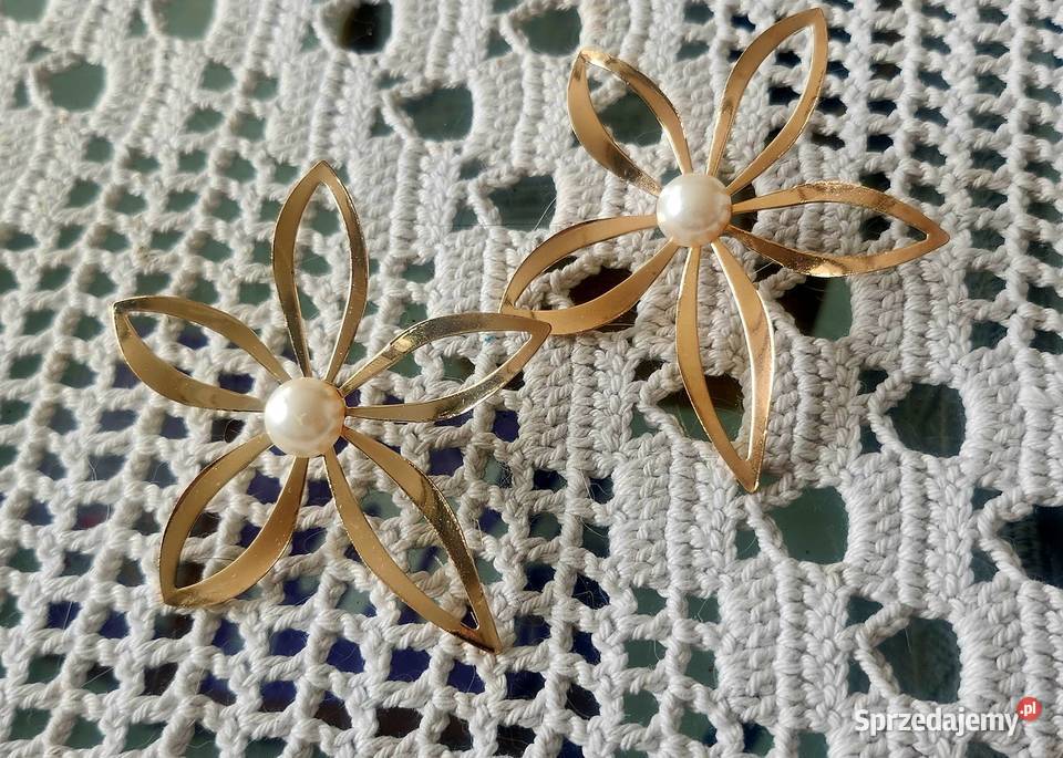Nowe kolczyki duże kwiaty kolor złoty z perłą Gdańsk