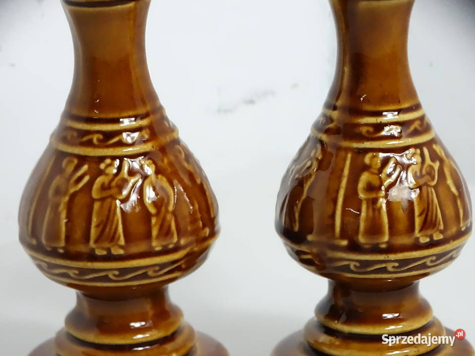 Piękne brązowe ceramiczne świeczniki vintage Biłgoraj