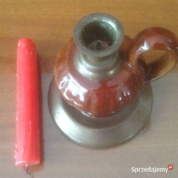 Stary kaganekświecznik ceramiczny z metalowymi Opole