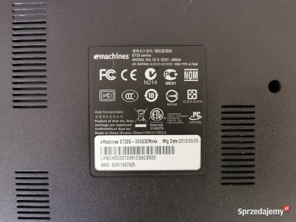 Kadłub z osprzętem eMachines e732G333G32Mnkk Puławy