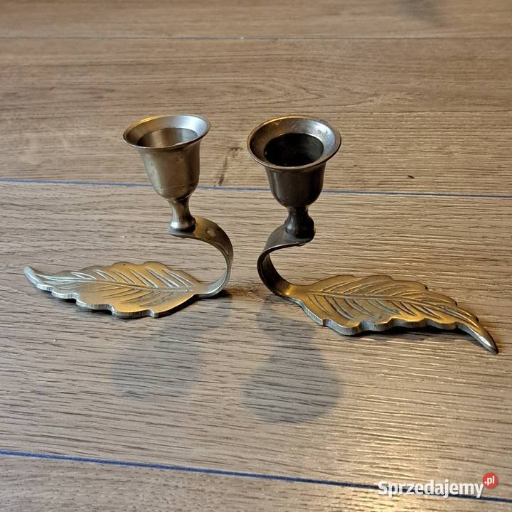 Zestaw 2 mosiężnych świeczników vintage liść