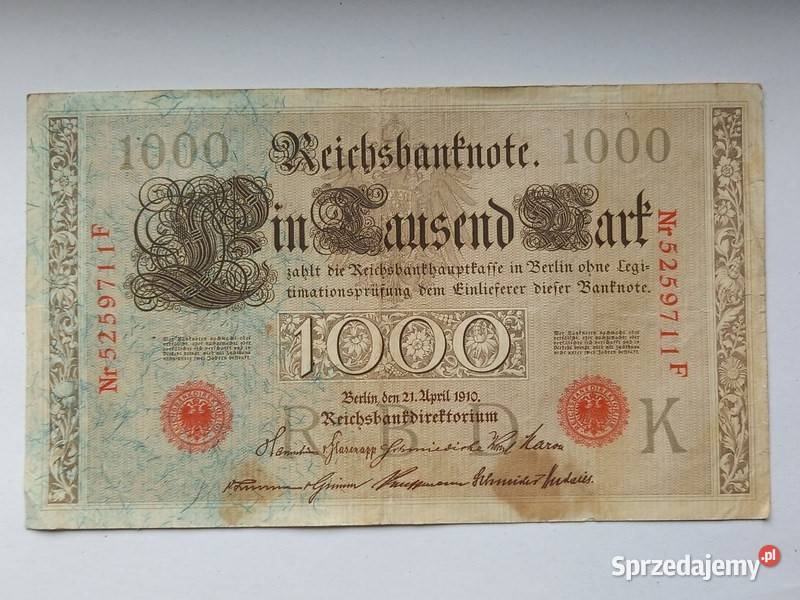 Banknot 1000 marek Niemieckich 1910 r Koszalin