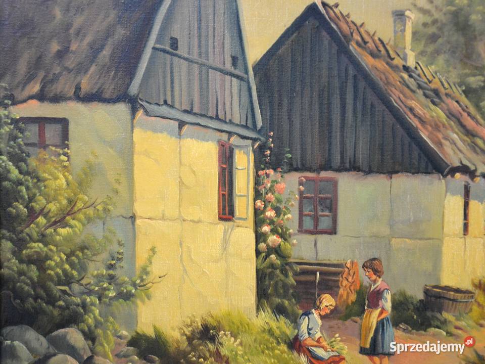 Wiejska scena olej na płótnie Kjeld Krautwald Bronisze