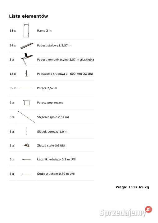 Rusztowanie 105 m2 używane o wymiarach 1285x82m Stare Siołkowice