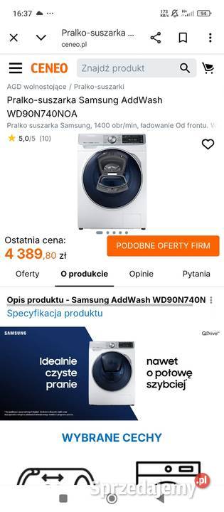 Pralko suszarka Samsung 95 1400obr A Transport mazowieckie Warszawa