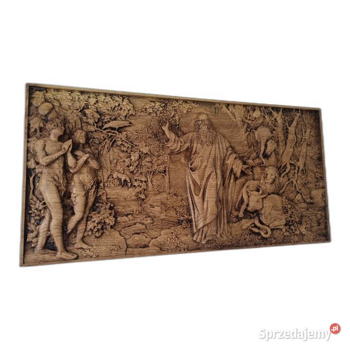 Stworzenie Adama i Ewy Piękna dębowa rzeźba Malechowo