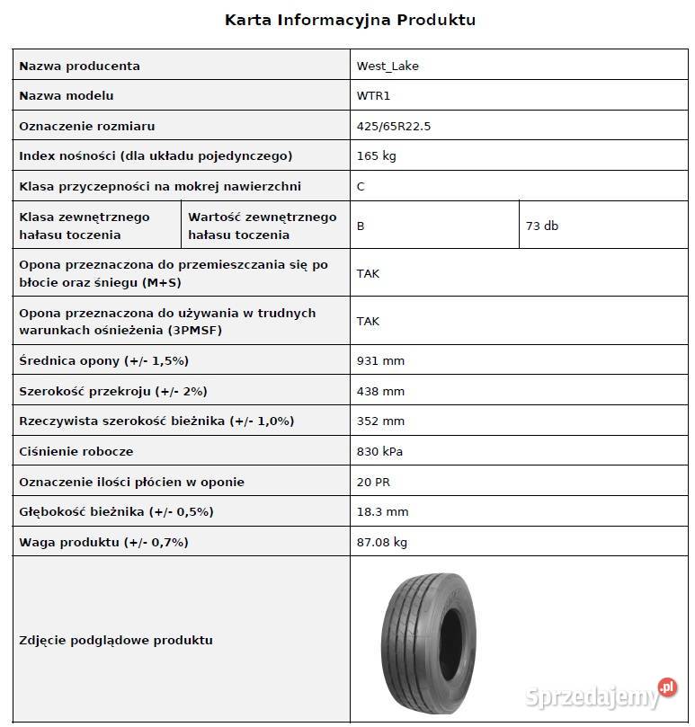 Westlake WTR1 42565 R225 Nowa opona naczepowa Opony podkarpackie
