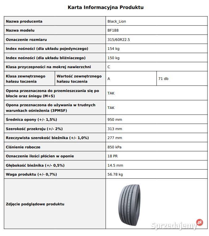 31560 R225 BlackLion BF188 Opony Prowadzące Nowe Zarębki