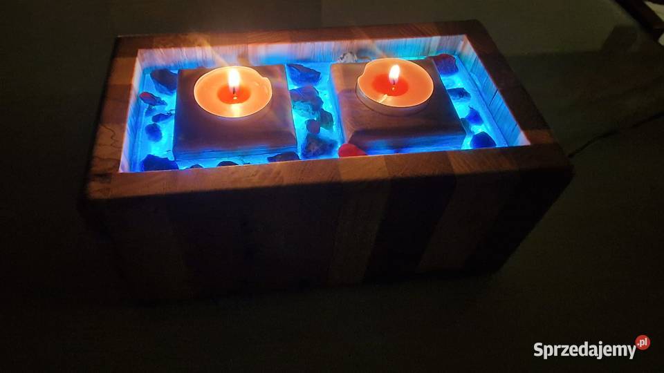 Świecznik LED dąb buk świerk z żywicą i Sępopol