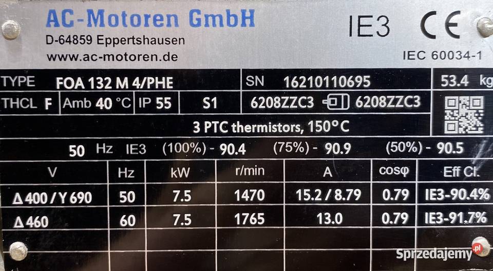 silnik elektryczny 75kW 1470obr 3fazowy IE3 kujawsko-pomorskie Pigża