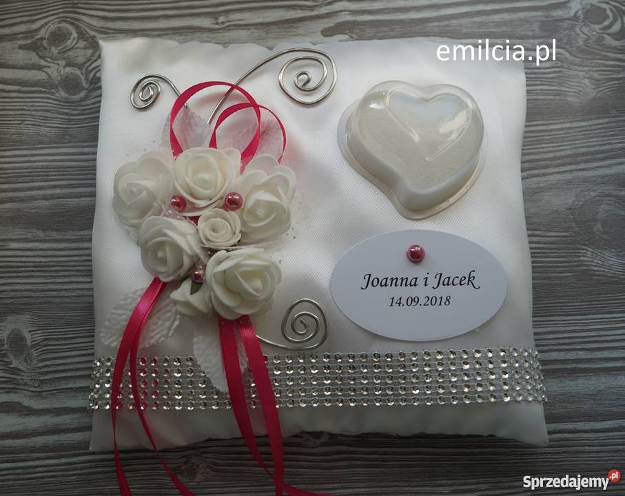 Poduszka Na OBRĄCZKi Biel Fuksja i Srebro OZDOBA Zielona Góra