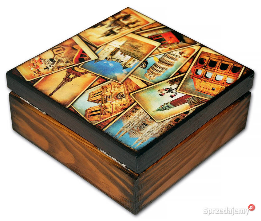 SZKATUŁKA pudełko drewniane POSTCARDS 14x14 Bydgoszcz sprzedam