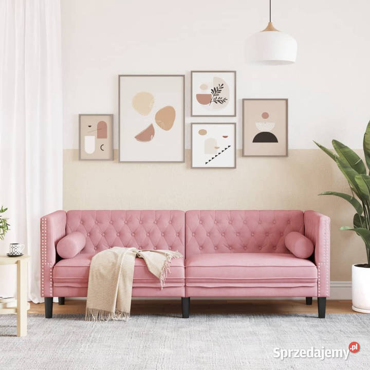 Sofa Chesterfield z wałkami trzyosobowa różowa Warszawa