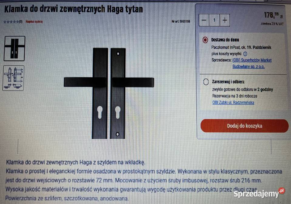 Klamka i szyld do drzwi zewnętrznych NOWE podlaskie Łomża