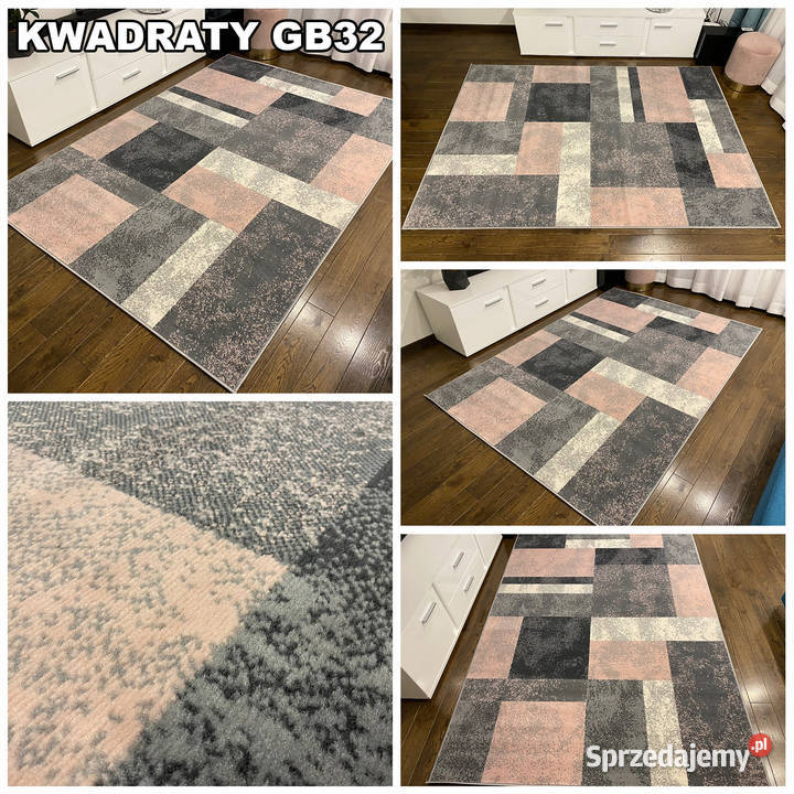 DYWAN 140X200 IDEA KWADRATY RÓŻOWE GĘSTY WŁOS podlaskie Białystok