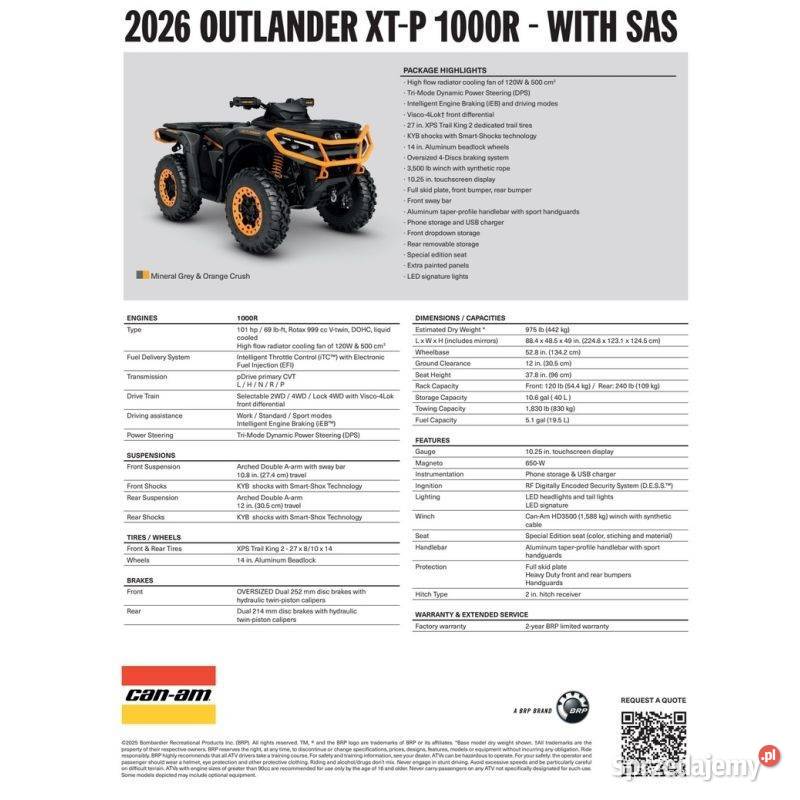 CanAm Outlander XTP T ABS SAS 1000R 2026 4HTL 999cm3 Nowy Sącz sprzedam