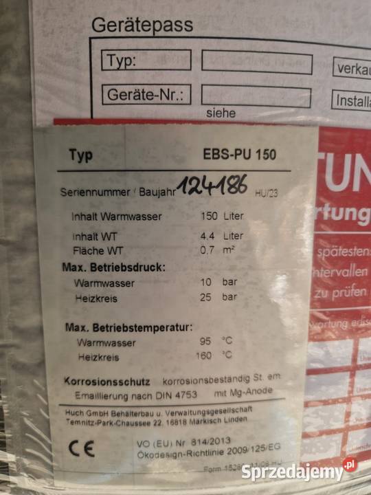 NOWY Zasobnik CWU Huch EBSPU 150L Niemiecka Skrzypnia