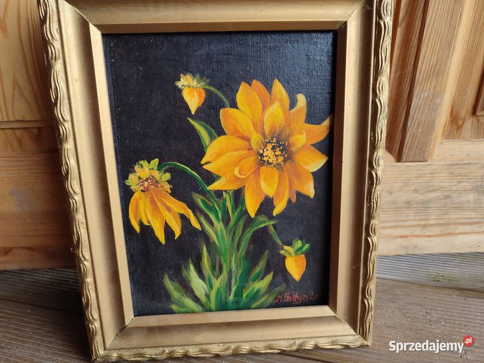 Obraz olejny martwa natura kwiaty sygnowany M Łódź