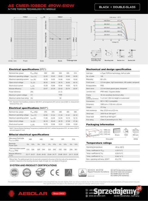 Paleta 36 Panel Fotowoltaiczny AESOLAR 500W Full