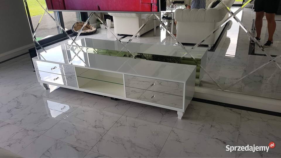 Komoda RTV biała glamour noga Ludwik gałka chrom