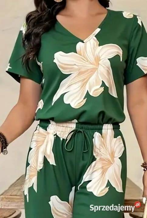 Komplet PLUS SIZE damski zielony z motywem lilii Wieluń sprzedam