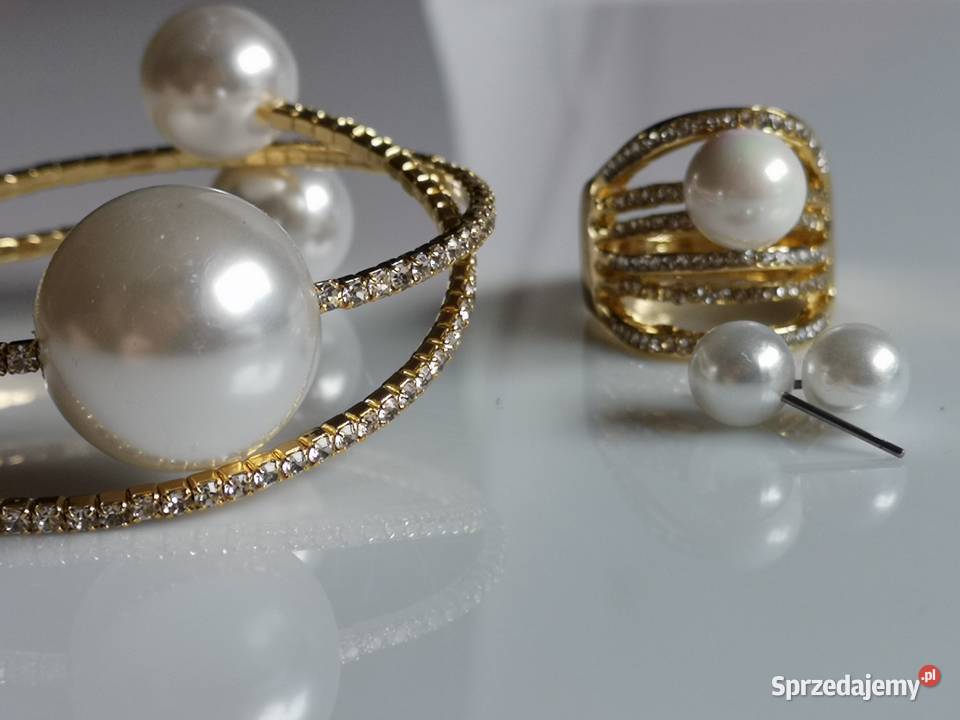 Komplet biżuterii duże perły cyrkonie ślub złoty Kołobrzeg