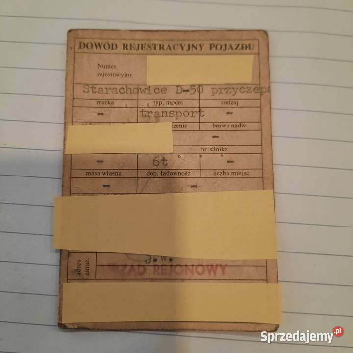 Dowód rejestracyjny kolekcjonerski przyczepa D50 Pozostałe Pasłęk