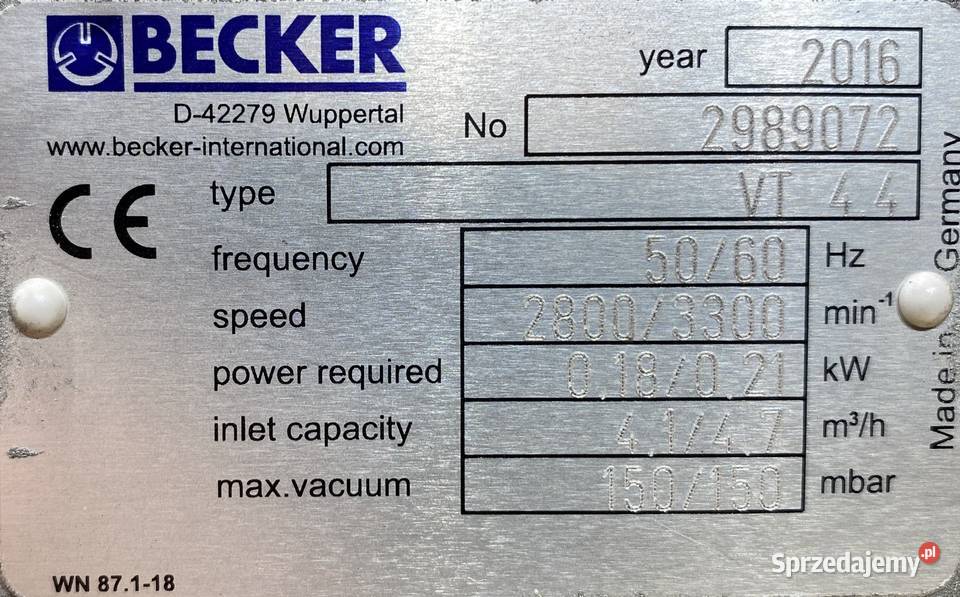 pompa próżniowa 018kW 2750obr 230V BEKER