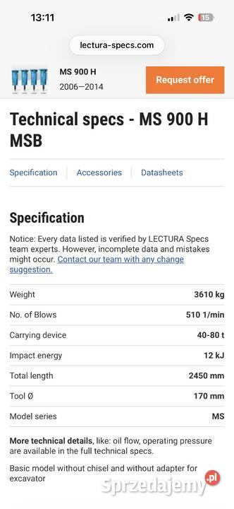 Młot hydrauliczny MSB 3600 świętokrzyskie Bilcza