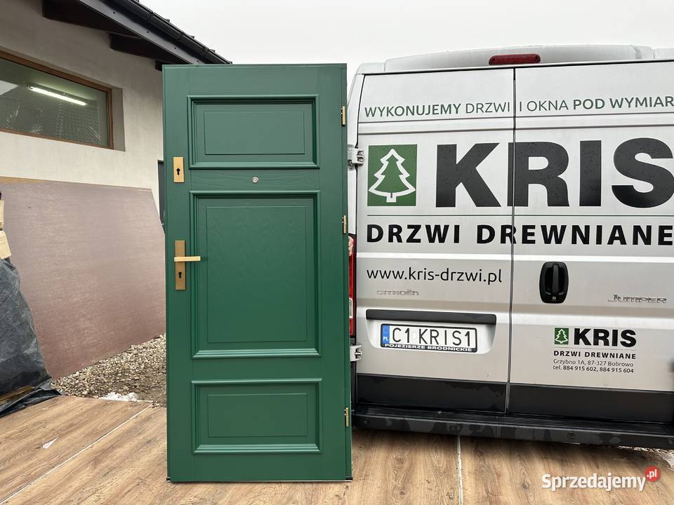 Drzwi drewniane wewnątrzklatkowe RĘKI błękitne Grzybno sprzedam