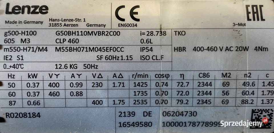 motoreduktor przekładnia 037kW 496obr 3f HAMULEC Pigża