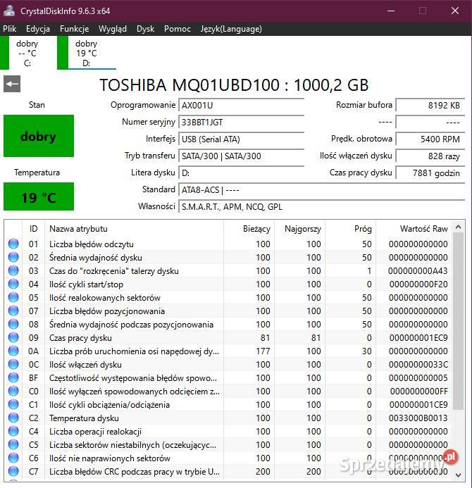Dysk przenośny TOSHIBA MQ01UBD100 1TB HDD SATA Elbląg