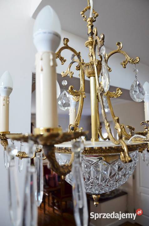 żyrandol stylowy złoty mosiądz kryształki stary Kalisz