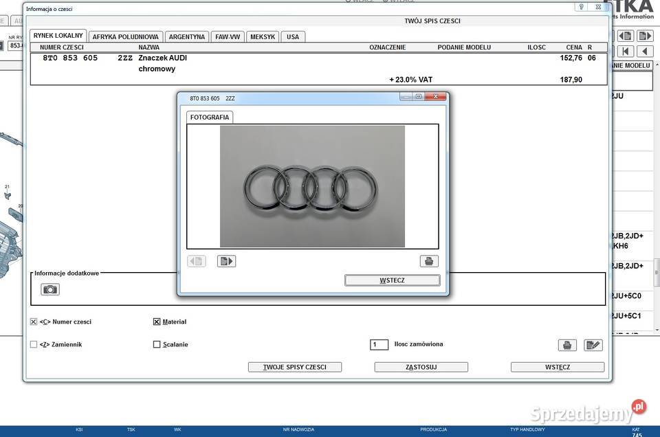 Znaczek emblemat Audi A3 A4 A6 A7 RS3 RS4 RS5 Rok produkcji 2015 Stargard