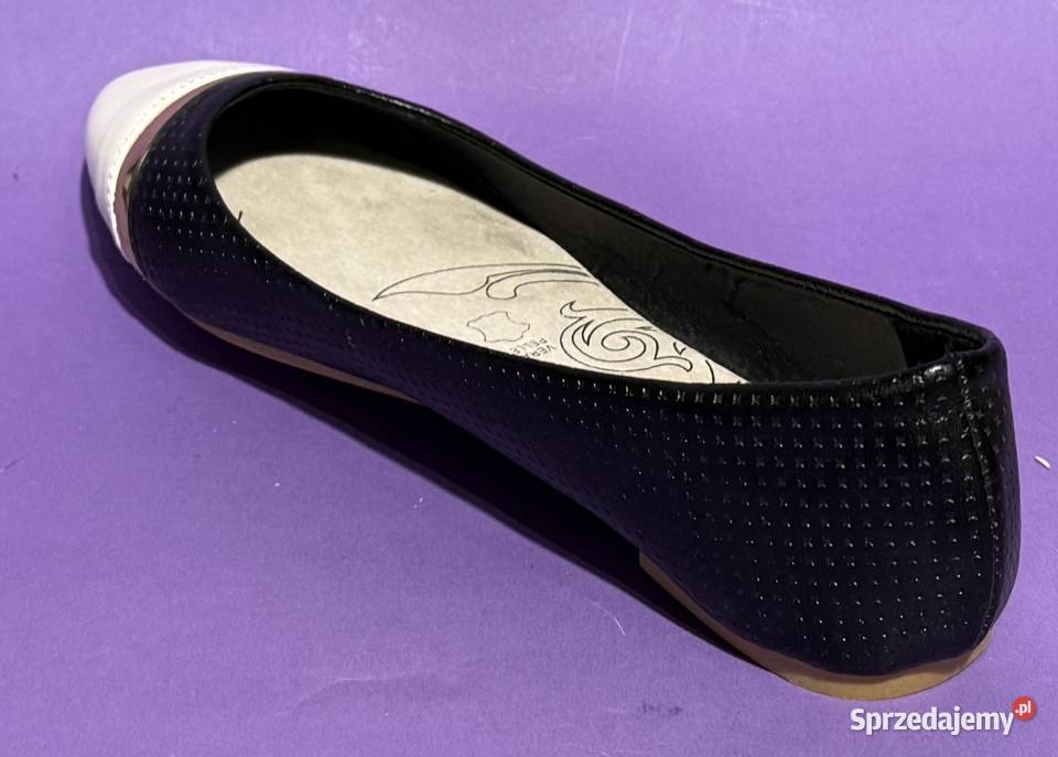 Czarne baleriny z białym czubkiem skórzana mazowieckie Żyrardów