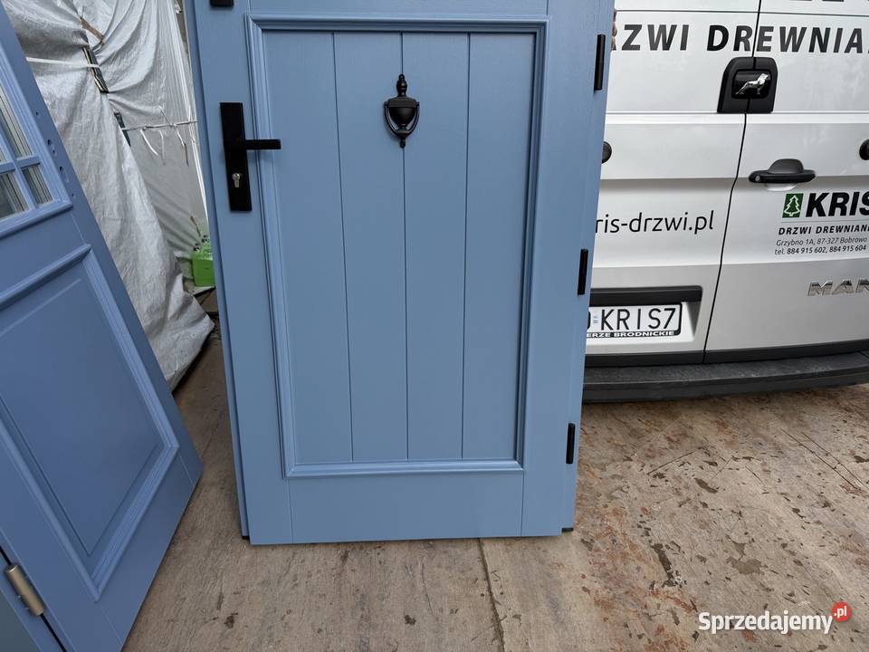 Drzwi zewnętrzne drewniane RĘKI niebieskie Kraków