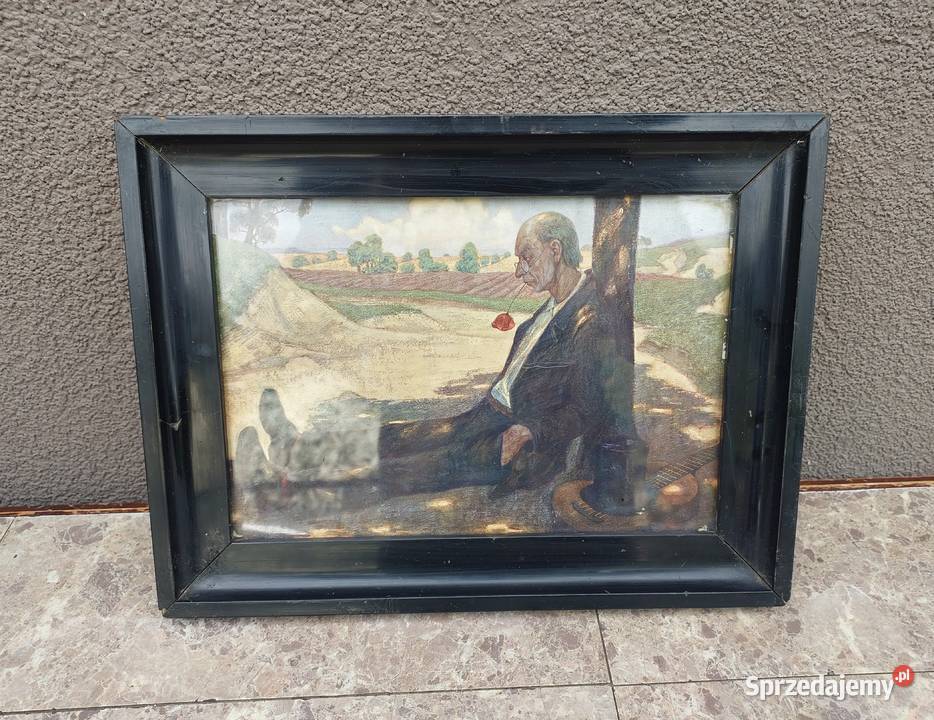 95 Mały oszklony obrazek Baluschek stara czarna pomorskie Tczew