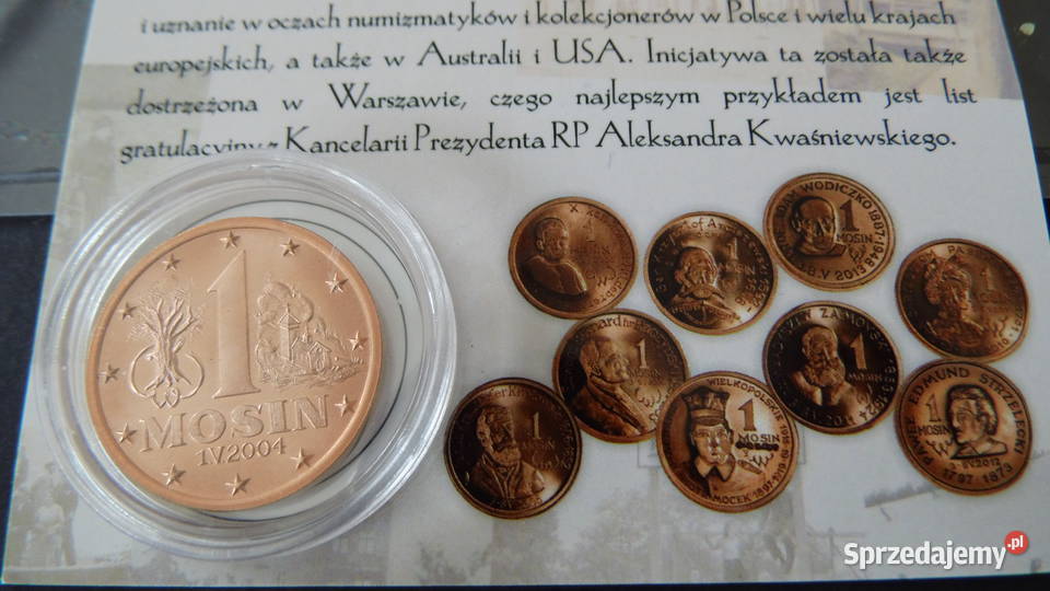 Okolicznościowe znaczki i moneta Mosina 170 lat wielkopolskie Radzewice