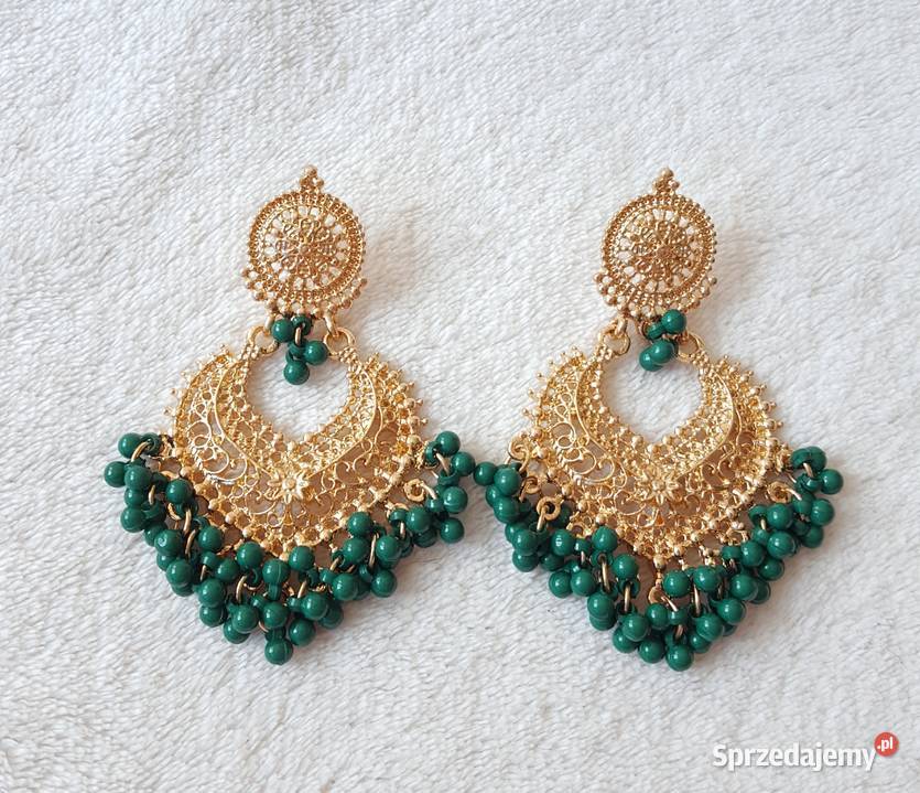 Duże kolczyki złoty kolor zielone koraliki Szczecin
