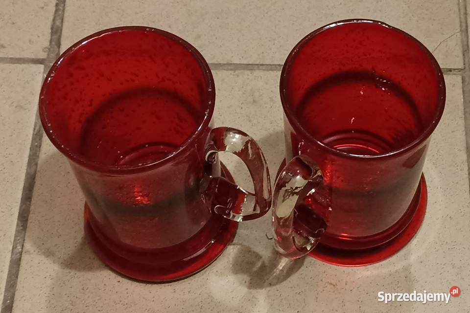 2 x czerwony kufel PRL szkło solowe huta Sosnowiec