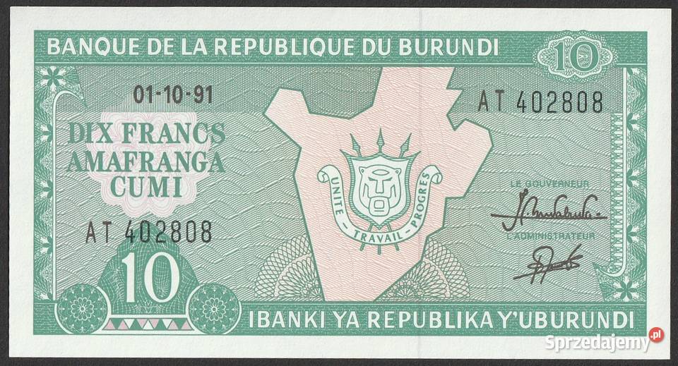 BURUNDI 10 FRANKÓW 1991 STAN UNC łódzkie Łódź